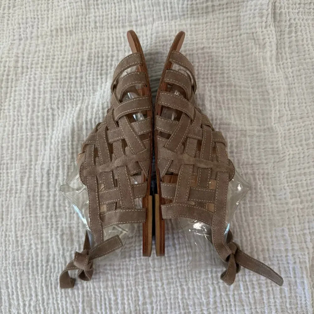 Navyboot Sandals Size 39 Tan Suede Leather Basket Weave Gladiator Ankle Tie